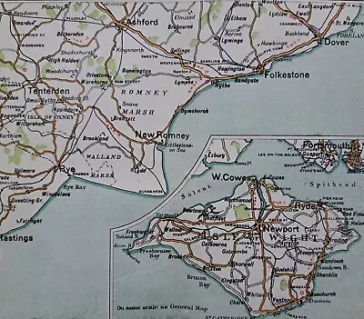 1908 Antique East Sussex Kent & Isle Of Wight Road Map. Folkestone Cowes. • £12.63