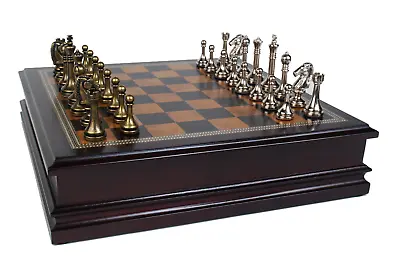 Classic Game Collection Metal Chess Set With Deluxe Wood Board And Storage New • $55.96