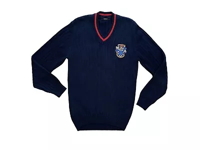 Vintage Barbour Cricket V Neck Sweater Jumper Cable Knit Navy Blue Crest Medium • $63.86