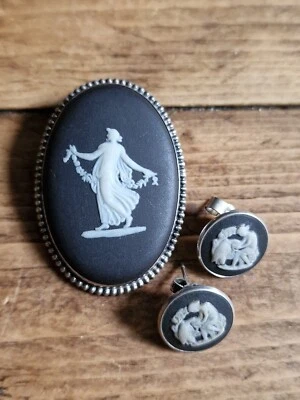 £32 • Buy Black Cameo Jasperware Wedgewood Sterling Silver Brooch & Earrings Set Beautiful