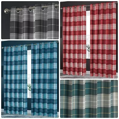 Check Print Window Curtains Blackout Eyelet Header Ring Top Ready To Hang Pair • £31.97