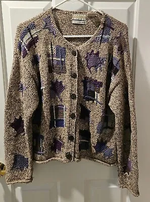 Vintage SIGRID OLSEN SPORT Hand Knit Crochet Multicolor Cardigan Sweater Size L • $23.99