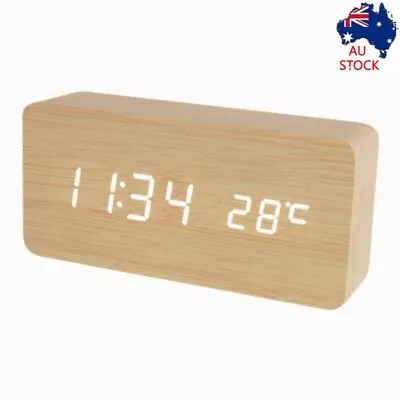 $19.99 • Buy Wooden Digital Clock LED Display Voice Control Alarm Temperature Room Desk Decor