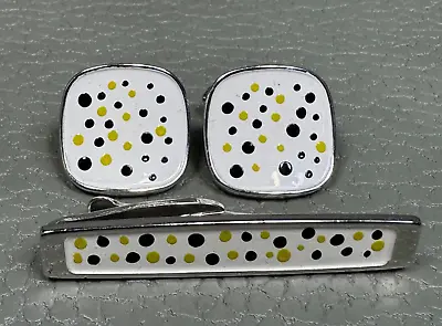 MCM Mid Century Modern Enamel White Gold Plated Cuff Links With Tie Clasp • $24.95