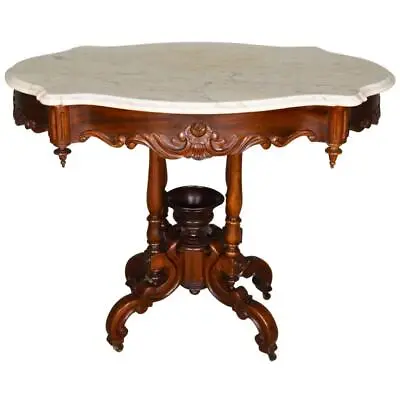 Antique Victorian Marble Top Turtle Top Stand – Excessively Carved  #21636 • $985