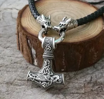 Viking Wolf Head With Odin Pendant Neklace Thor's Hammer Mjolnir Jewelry • £9.85