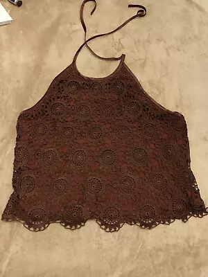 Charlotte Halton Rich Chocolate Brown Crochet Halterneck Top In Size 10 • £14.99