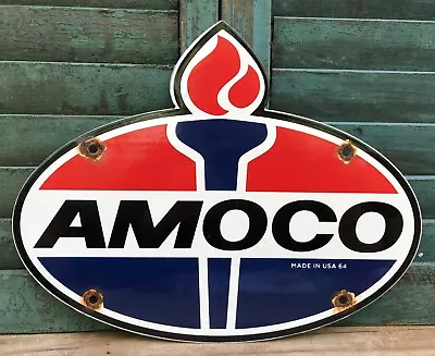Vintage 1964 Dated Amoco Standard Gasoine Oil 12” Porcelain Gas Pump Sign • $29.99