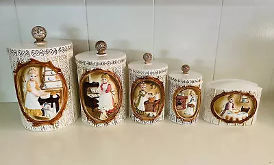 Vtg 1978 Sears Roebuck Pioneer Woman Ceramic Canister Set 4 Pc W/Napkin Holder • £67.51