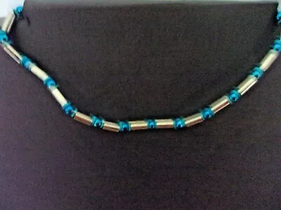 Cool Jewelry. Brand Choker Necklace Blue Beads Silver Tubes BOHO Retro NA10 • $5