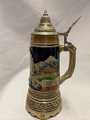 German Musical Beer Stein Pewter Lid Top Reuge 9” Iridescent Collectible • $20.99