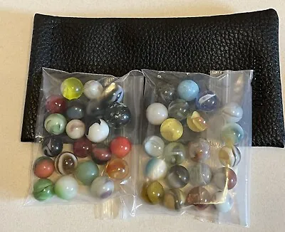 42 Vintage Mystery Marbles & Black Pouch Multicolor Solids Swirls Cat Eyes • $11.95