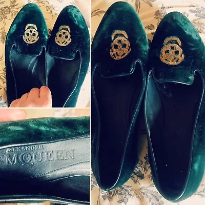 Alexander McQueen Green Velvet Skull Embroidered Smoking Slippers Size 37 Punk • £95