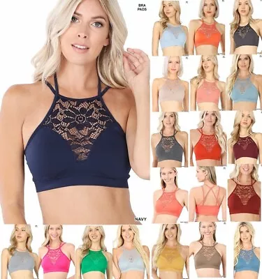 £15.89 • Buy Womens Bralette Crop Top Halter High Neck Lace Cutout Seamless Running Yoga Bra