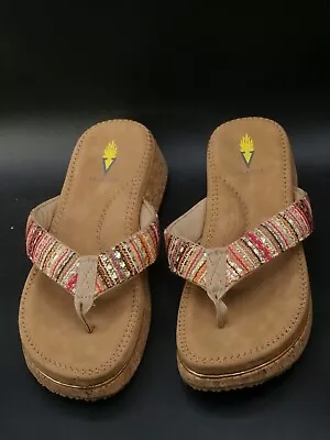 Volatile Women's Sandals Cork Platform Wedge Thong Size 8 Embroidered Strap Boho • $15.99