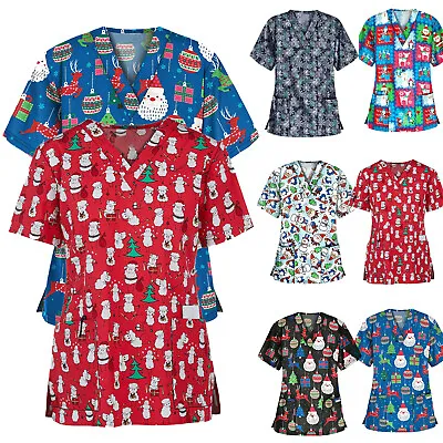$15.61 • Buy Women Nursing Scrub Tops Printed Medical Uniform Merry Christmas Flowers Shirt