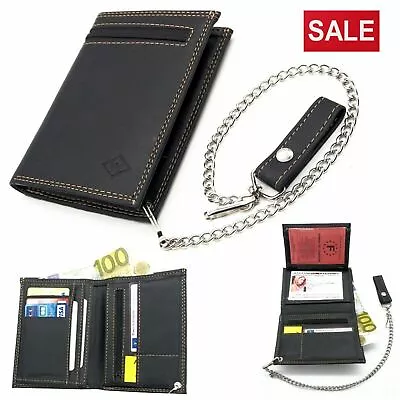 Men's Biker Leather Wallet With Coin Pocket And Safety Metal Chain Purse Pouch • £14.99