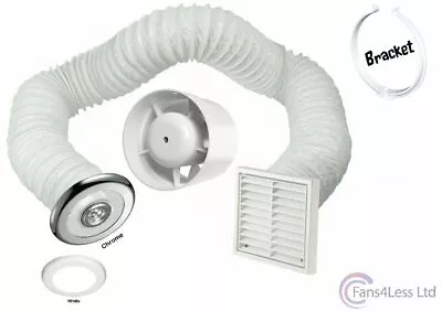 4  100mm Inline Extractor Fan Timer LED Light Chrome White Kit Bathroom Shower • £32.99