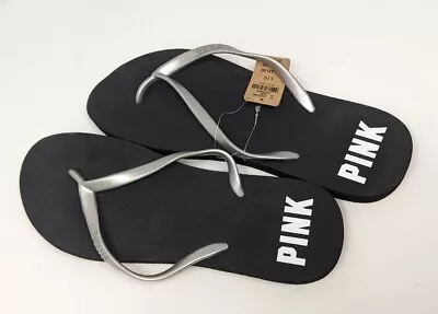 Victoria Secret Pink Flip Flops Thongs BRAND NEW Size 9-10 Black Silver Logos • $20