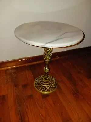 Vintage Marble & Brass Plant Stand Side Table Hollywood Regency Style • $110