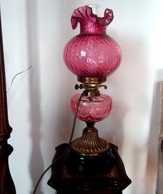 £190 • Buy Victorian Table Lamp Brass Oil Lamp Сranberry Overlay Glass Shade Art Glass