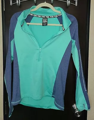 Victoria’s Secret PINK Logo Running Pocket Half Zip Small Teal Blue Fingerholes • $5