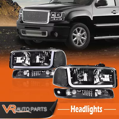 Fit For 1999-07 GMC Sierra Yukon LED DRL Smoke Headlights+Bumper Lamps Black  • $85.80