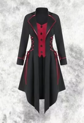 New Black & Red Steampunk Gothic Corset Side Light Frock Coat Size 4XL 24 26 28 • $43.56