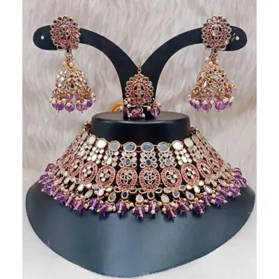Indian Gold Plated Meenakari Kundan Mirror Choker Necklace Bridal Jewelry Set • $33.29