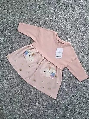 Next Baby Girls Dress 3-6 Months Unicorns Rainbows Pink Skater Long Sleeve H • £10.99