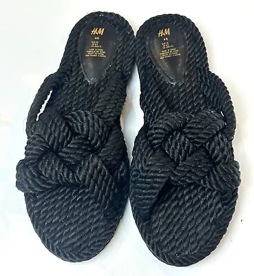 H&M Sandals Womens 40 US 8.5 Black Rope Knot Slide Flat Sandal Casual As New • $24