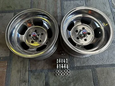 VINTAGE PAIR (2) 15x8.5 POLISHED REAL US INDY MAGS 4 3/4 CHEVY CAR EARLY G10 VAN • $449