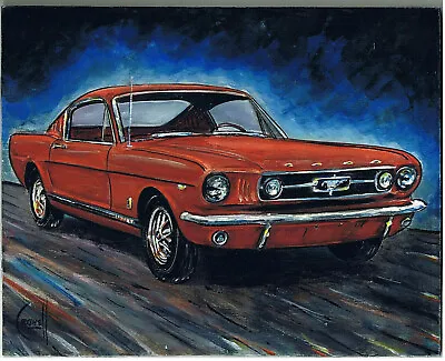 Ford Mustang 1965 Fastback Classic Wood Oil Painting Auto Original Signd Crowell • $150