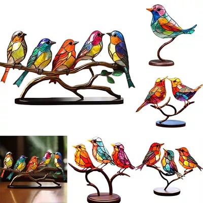 Stained Glass Birds On Branch Desktop Ornaments Vivid Metal Craft Desktop Decor • £10.79