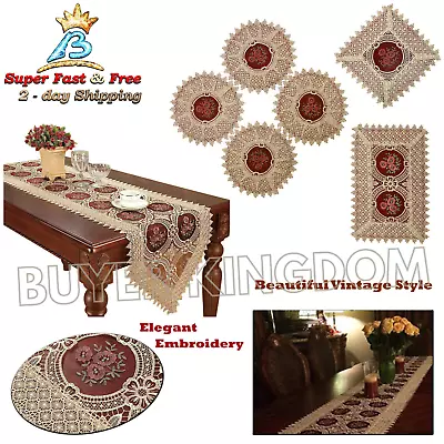 Table Runner Vintage Tablecloth Gold Burgundy Lace Embroidered Floral Scarves  • $68.87