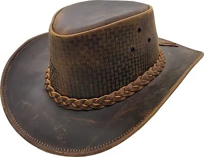 Men's Brown Genuine Leather Australian Cowboy Western Hat • £32.99