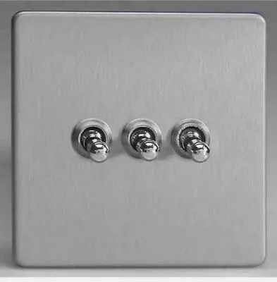 LAP 3-Gang 2-Way 10AX Toggle Switch Flat Plate Brushed Chrome [Energy Class A] • £14.99