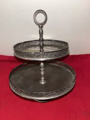 8.75” Vintage 2 Tier Handled Server Round Tray W Cutout Decorative Trim Edges • $29