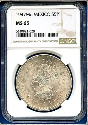 1947 Mo Mexico NGC MS65 Silver 5 Pesos S5P Cinco Pesos Cuauhtemoc MS-65 • $134.95