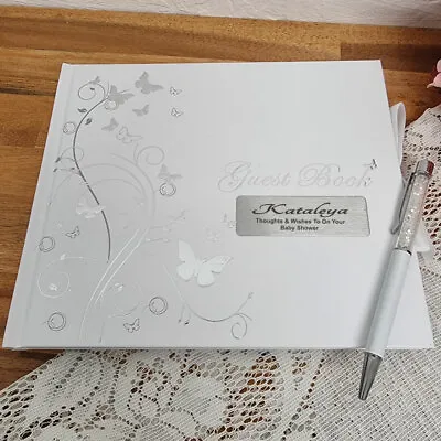 $40 • Buy Baby Shower Guest Book White Silver Butterfly - Made To Order Custom Gift