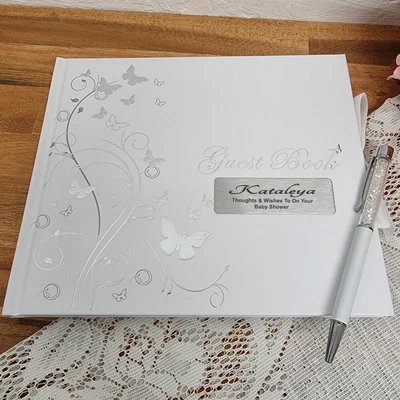 $40 • Buy Baby Shower Guest Book White Silver Butterfly - Made To Order Custom Gift