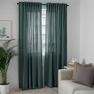 IKEA  HANNALENA Room Darkening Curtains 145cm X 300cm Green-Blue 804.698.52 NEW • £21