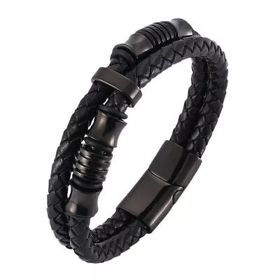 Men's Multilayer Braided Leather Stainless Steel Magnetic Bracelet Bangle Cuff • $12.98