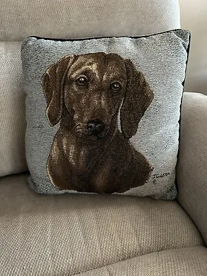 Dachshund Dog Tapestry Throw Pillow 16  X 14 1/2” Signed  Judy GIBSON VGC • $14