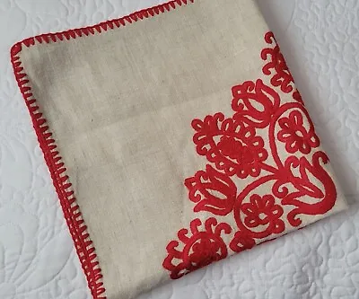 Vintage Swedish Style Embroidered Red On Beige Table Cover Table Topper 24 X 25  • $49.99