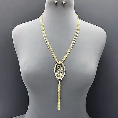 Multi Layered Gold Chains Rhinestone Oval Pendant Necklace Tassel With Earrings • $10.99