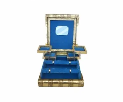 £24.99 • Buy Indian Rustic Gold Embossed Jewellery Box With Turquoise Blue Interior Velvet