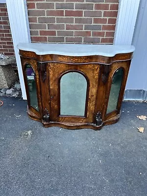 Victorian Carved Burr Walnut Marble Credenza 3 Arched Mirrored Doors Inlay Bur • $764.15