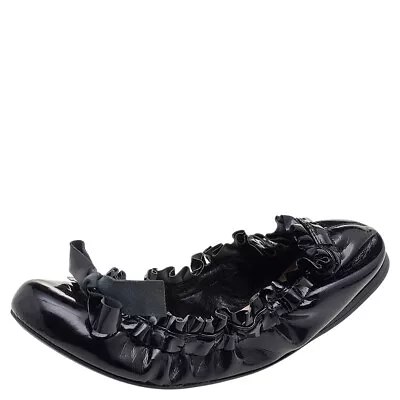 Miu Miu Black Patent Leather Scrunch Bow Ballet Flats Size 35.5 • $101.85