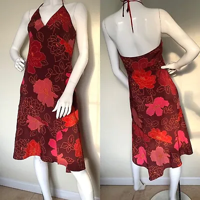 Vintage Y2K 90s Express Red Pink Floral Halter Dress 7/8 Asymetrical Medium M • $28